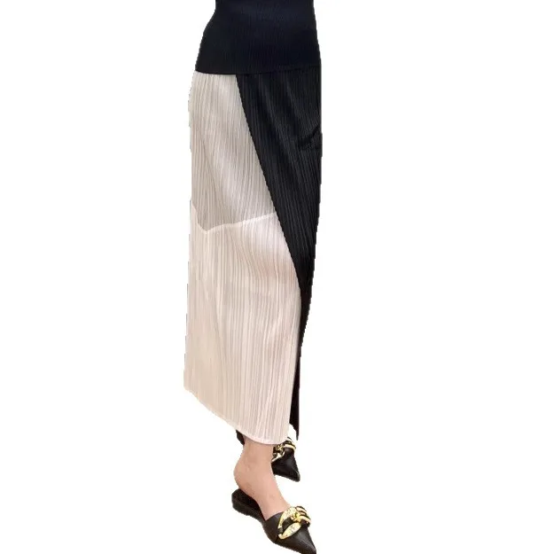 ALSEY Miyake مرونة الخصر مطوي المرأة بوستير 2025 صيف جديد غير رسمي أبيض وأسود اللون حجب مائة تنورة ضئيلة