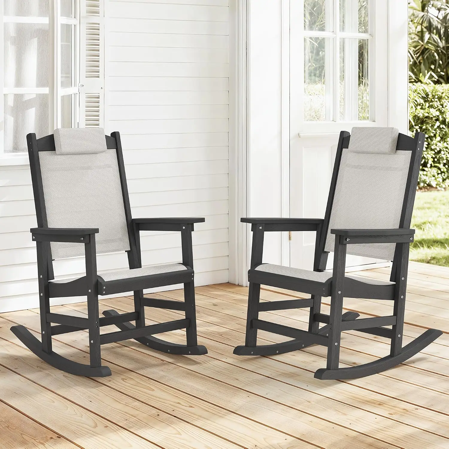 HDPE Rocking Chair Set of 2 Removable Headrest All-Weather Textilene Rocker High Back Patio Porch Garden Lawn Black, Customized