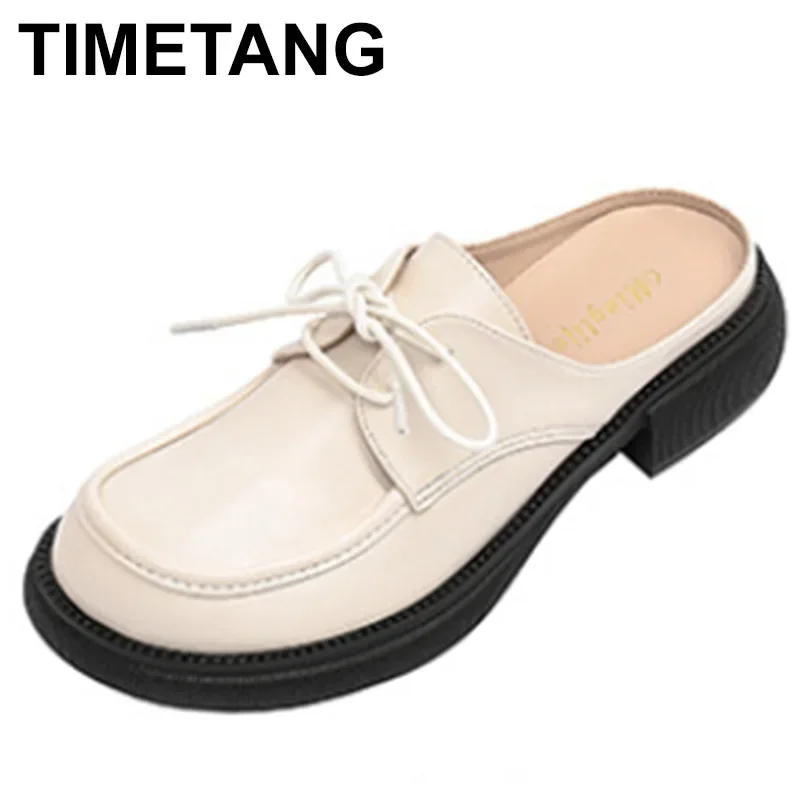 

2023 spring new women's outerwear slippers casual mules vintage ladies leather shoes Lace up design british style free shipping