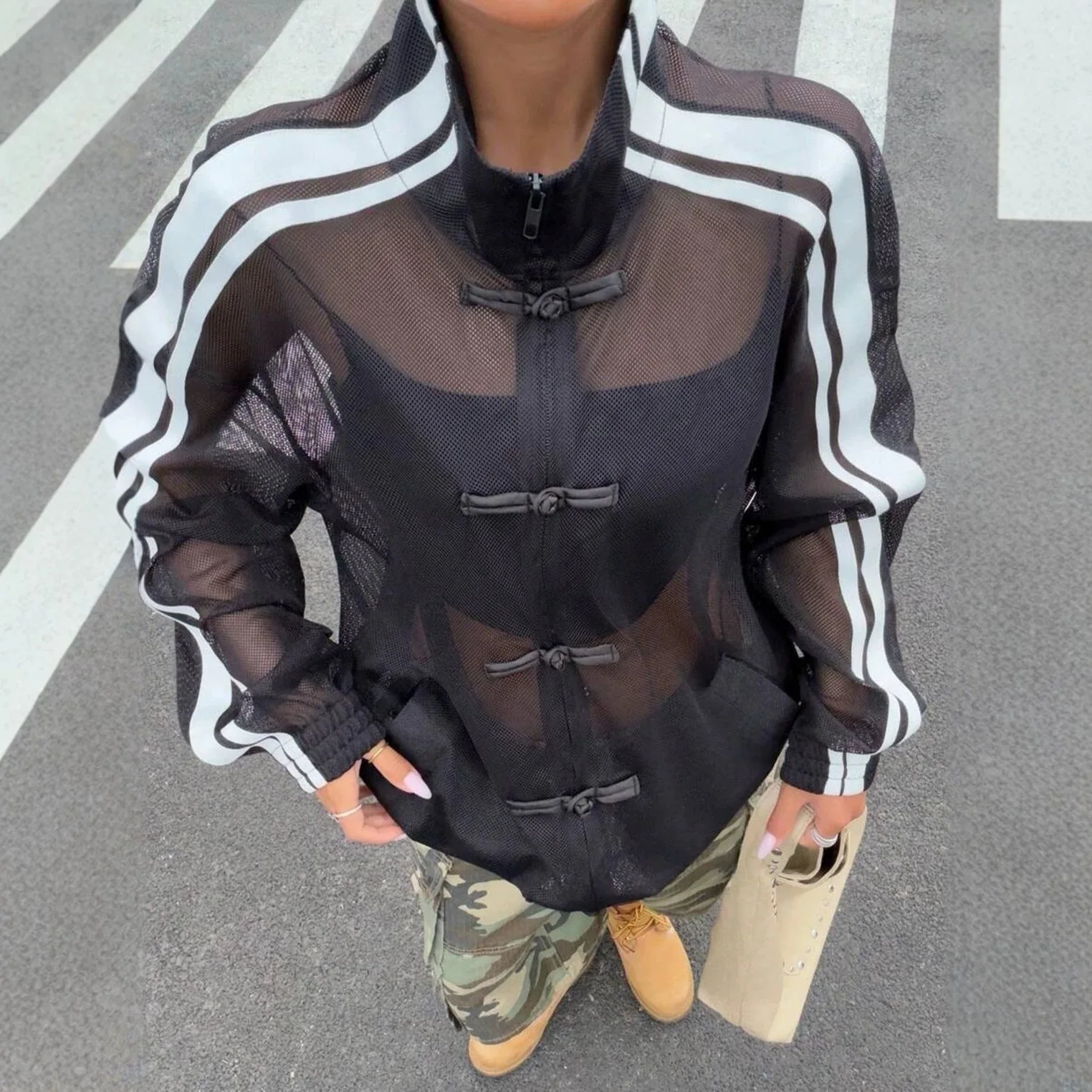 2026 Summer see through thin style New Chinese style buckle Harajuku Punk design jacket Stand up collar baseball cardigan Jacket