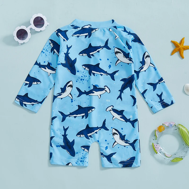 Toddler Boy Swimsuit Long Sleeve Mock Neck Shark Print Zip Up Rash Guard Bathing Suit