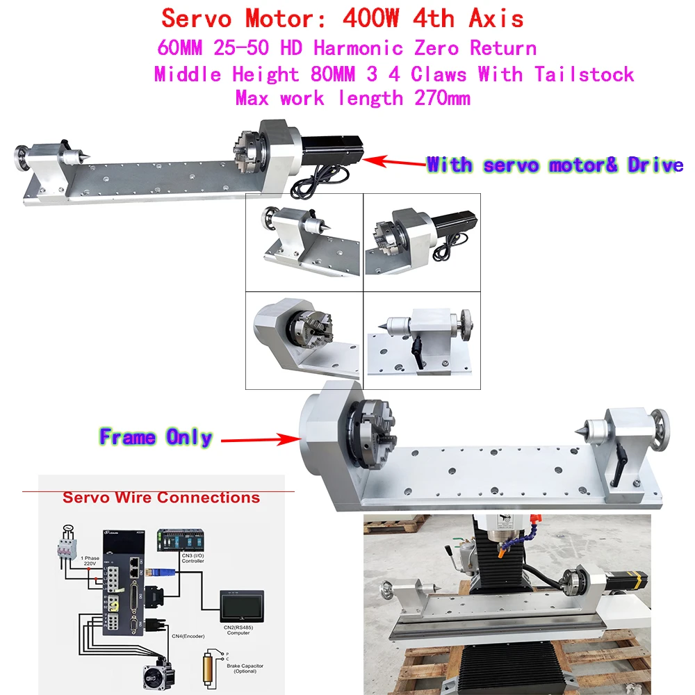 LiChuan Servo Motor 400W 4th Axis 60MM 25-50 HD Harmonic Zero Return Middle Height 80MM 3 4 Claw Tailstock Max Work length 270MM