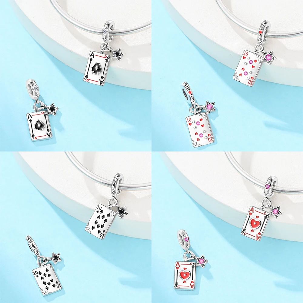 Joker Spade Diamond Ruby Stone Silver Plated Beads Original Charms Fit Bracelets Bag Keychain Charms Diy Women Gift Accessory