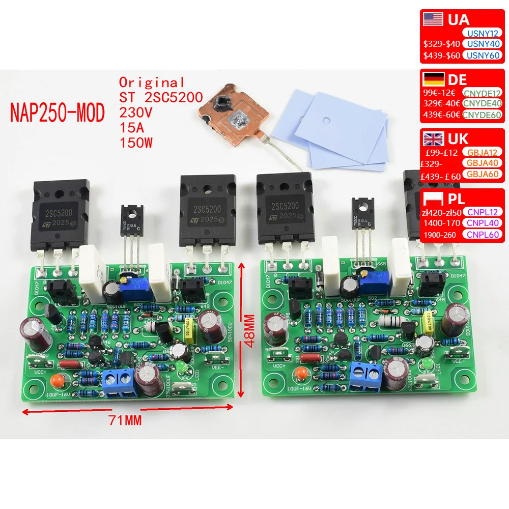 2pcs ST 2SC5200 Audio Amplifier 80W 8R NAIM NAP250 MOD VER4 DC15V-40V