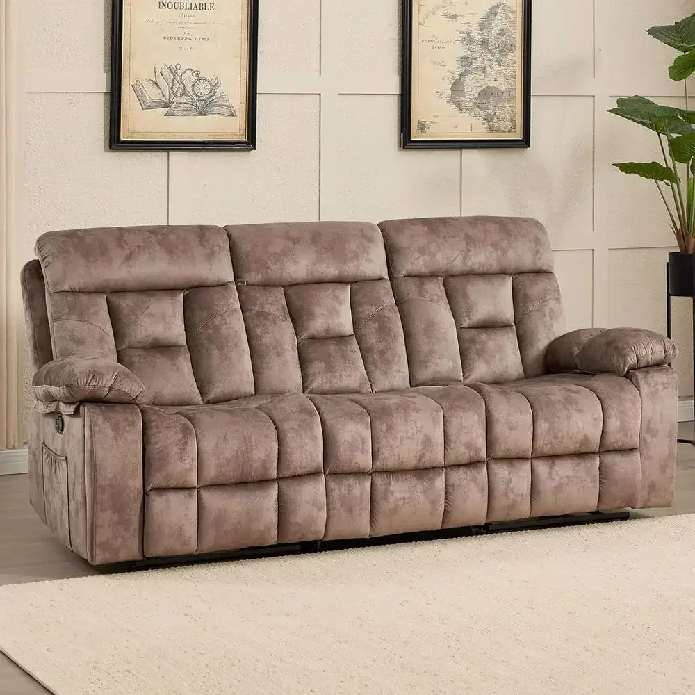 3-Seat Manual Recliner Sofa with Padded Armrests, Cup Holders, Camel Brown for Living Room