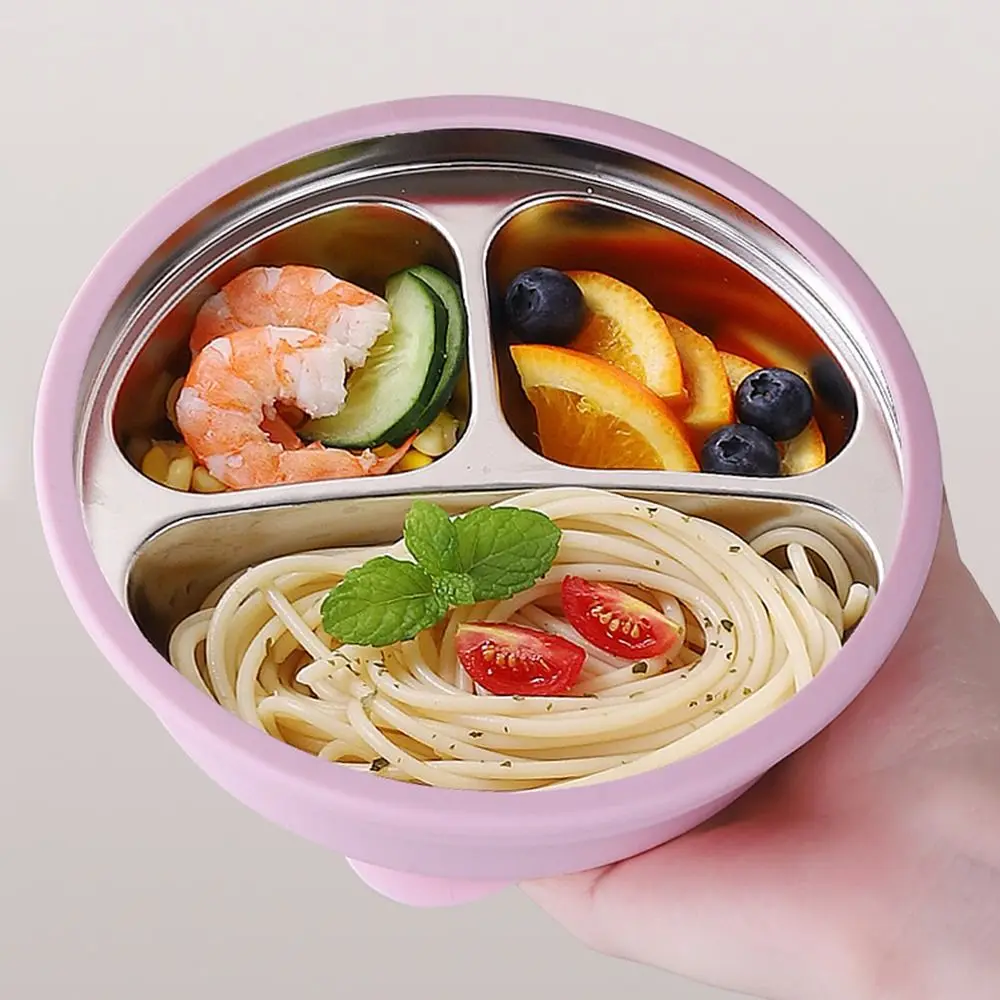 Silicone Suction Cup Baby Sucker Dining Plate Thermal Insulation 304 Stainless Steel 3 Grids Children Dishes Anti-fall Non-Slip