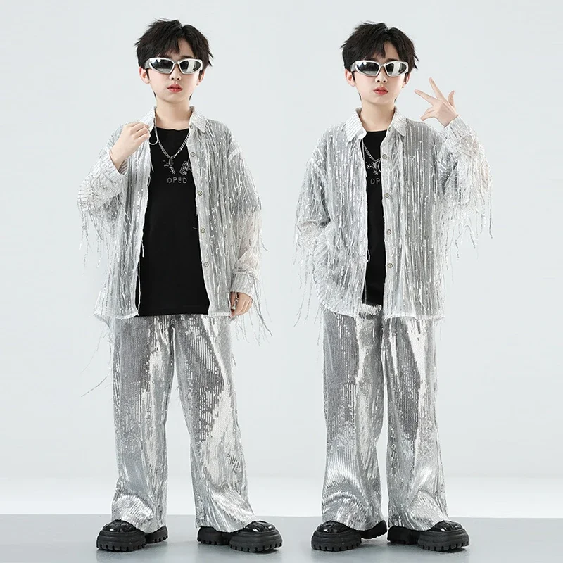 

Hip Hop Boys Stage Costume Tassel Shirt Glitter Pants Children Jazz Street Dance Outfit Fashion Show Performance Clohtes