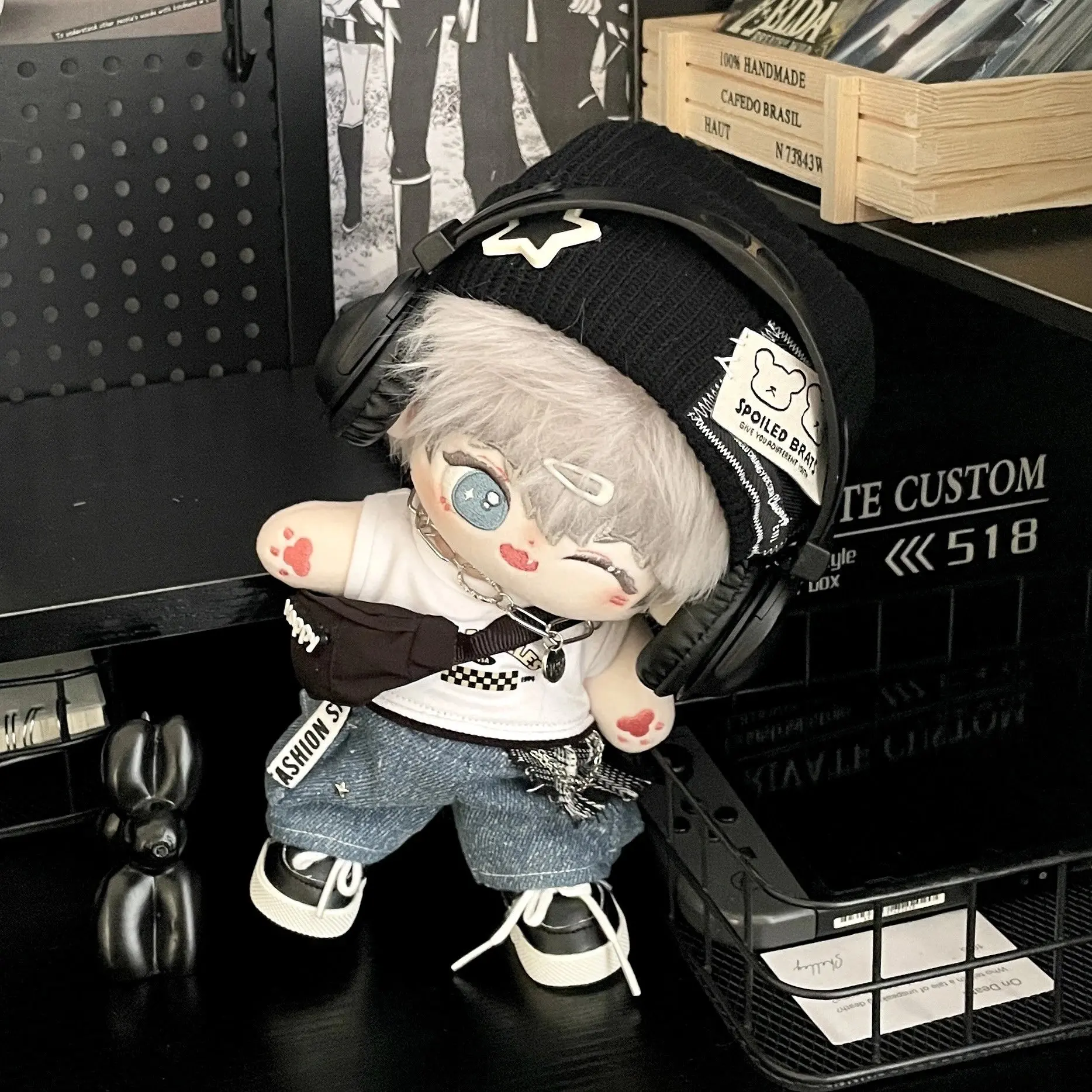 20cm Doll Clothes Earphone Hat Cool Guy Punk Fashion Suit Stuffed Plushies Plush Doll Accessories Anime Toy For Kids Gifts