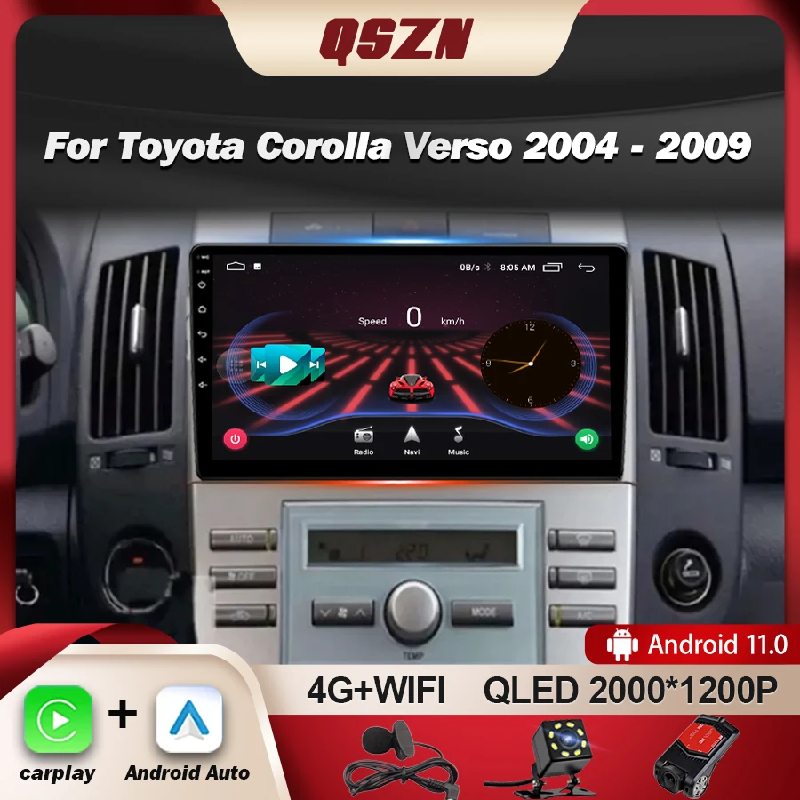 

Автомагнитола QSZN для Toyota Corolla Verso 2004-2009, мультимедийный видеоплеер на Android, Автомобильный плеер Carplay DSP Android13, 2Din, GPS-навигация