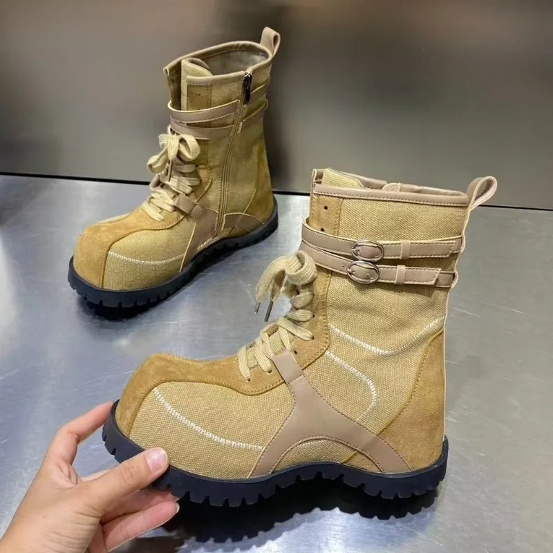 Women's Vintage Shoes Color Blocking Mid Boots 2026 New Spring and Autumn Women Side Zipper Fashionable Comfortable Mid Boot