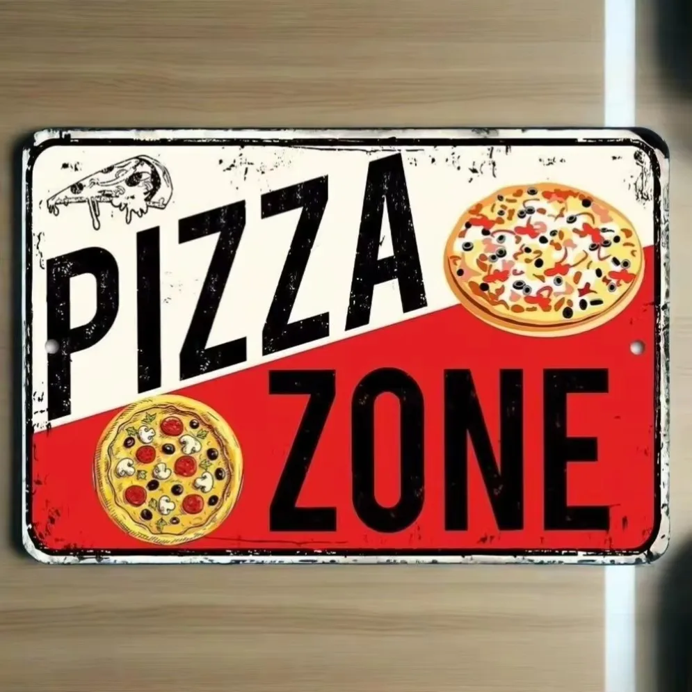 'Pizza Zone' Retro Metal Sign – Ideal Kitchen Decor for Pizza Fans"