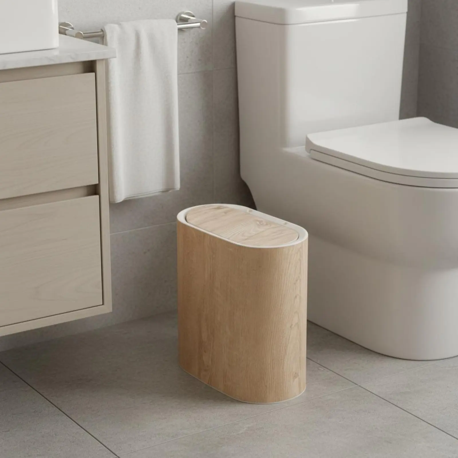 

Wood Grain Trash Can Large Capacity Slim Trash Bin Wastebasket Easy to Open Waste Container Modern for Bathroom