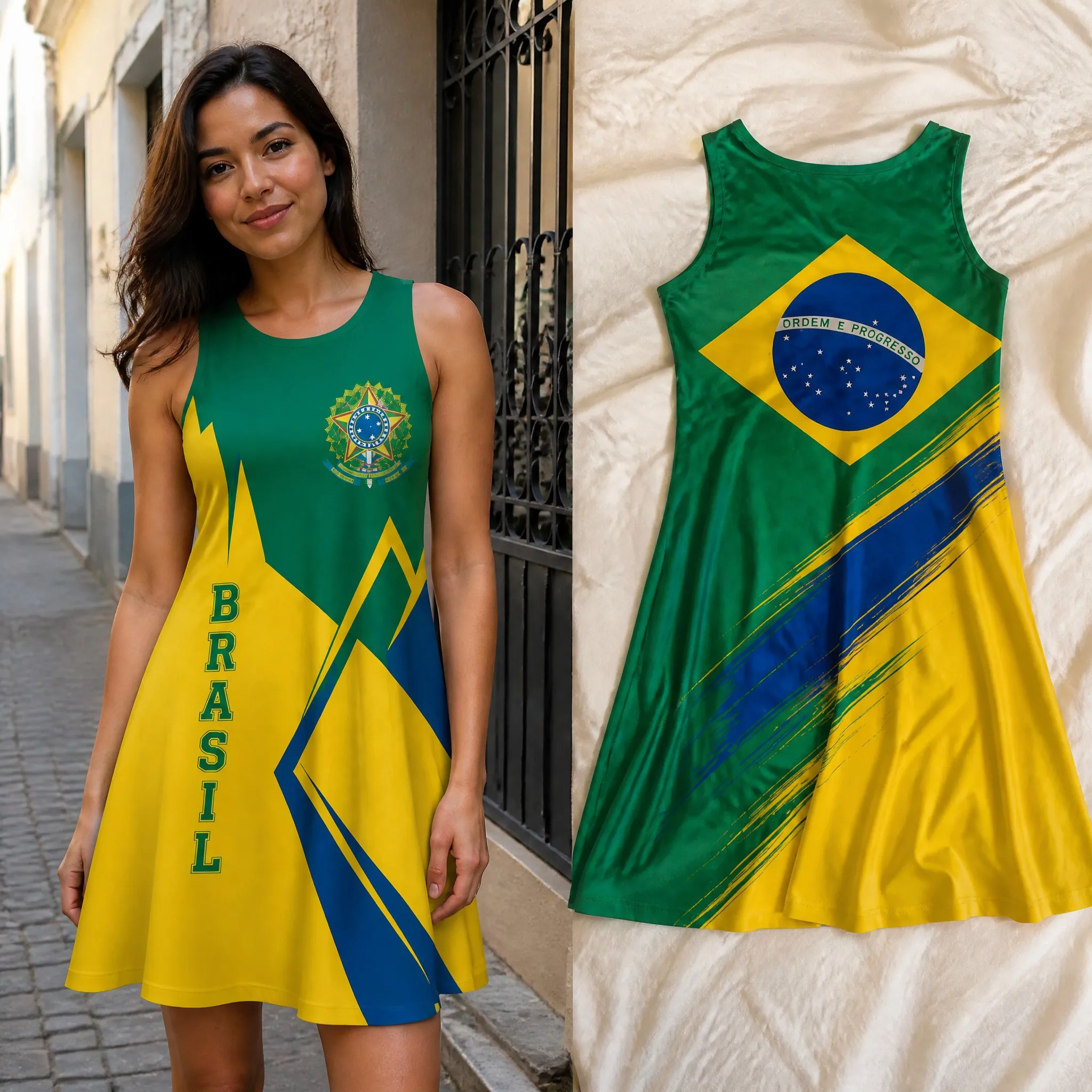 

Womens Brazil Emerald Yellow Sleeveless Loose Dress Flag Brush Print Summer Casual A Line Tank Dress Vacation Street Style Daily