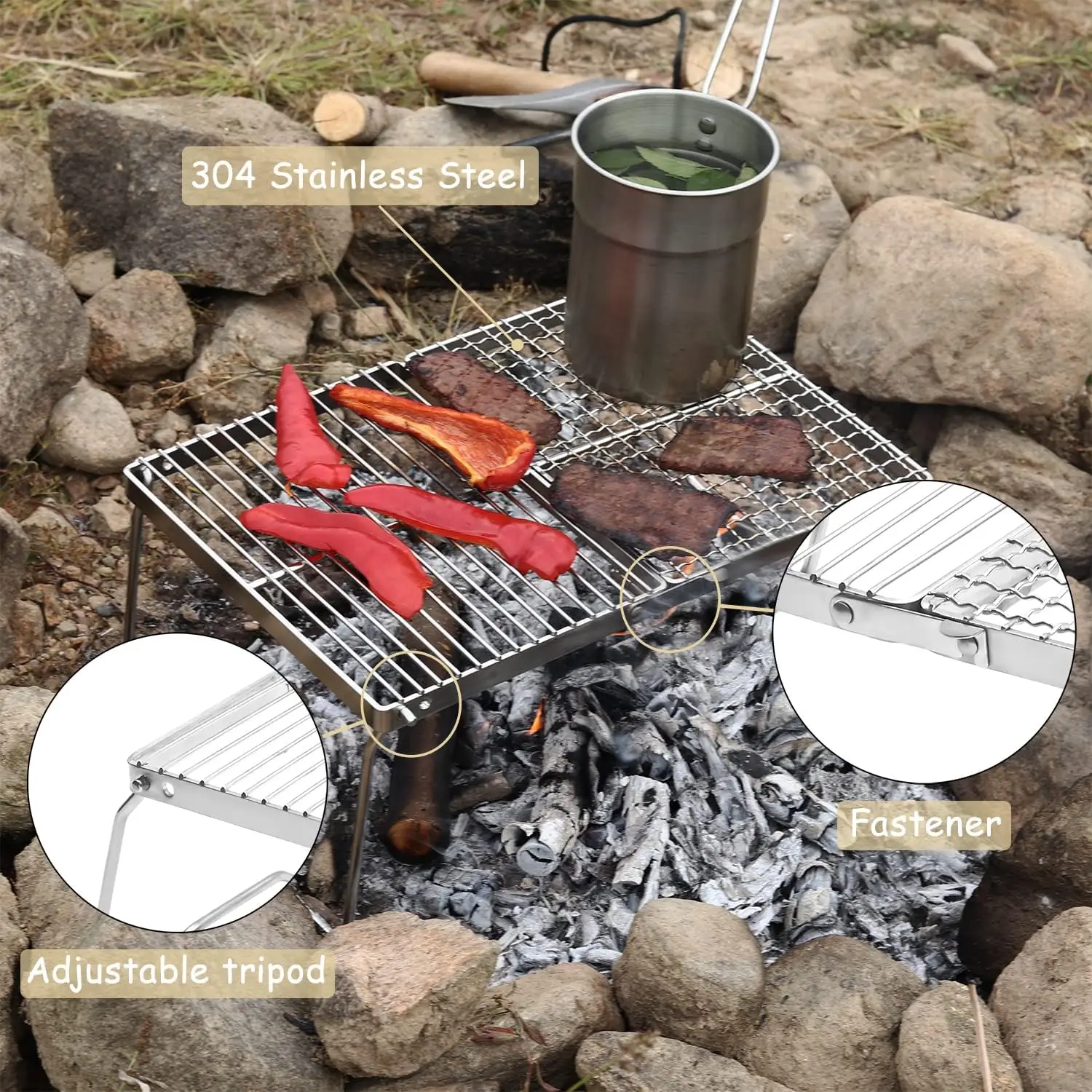 Folding Campfire Grill, Portable Camping Grill Grate, 304 Stainless Steel Camp Fire Cooking Racks for Compact Storage, BBQ