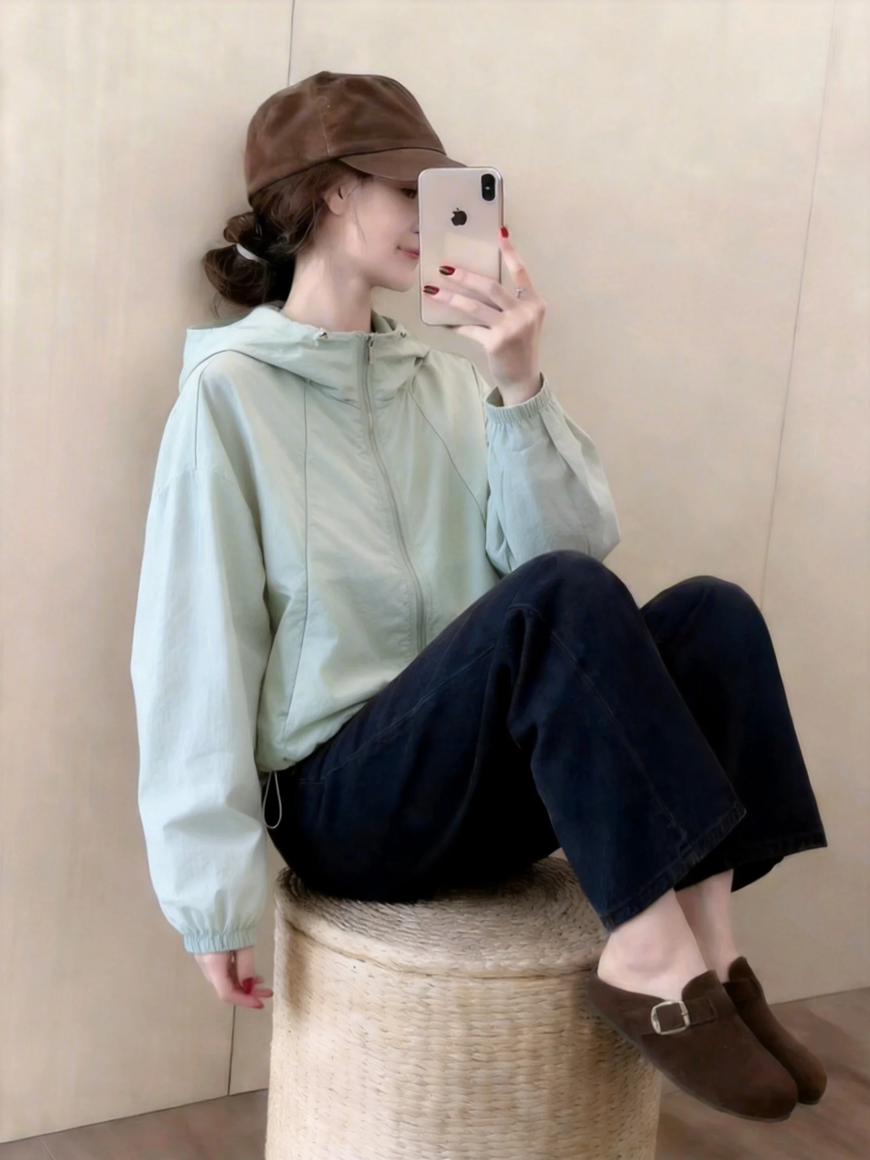 Women's Breathable Lightweight Air Conditioned Summer Sun Protection Outerwear Short Coat Loose Fit Long Sleeve Zipper Closure