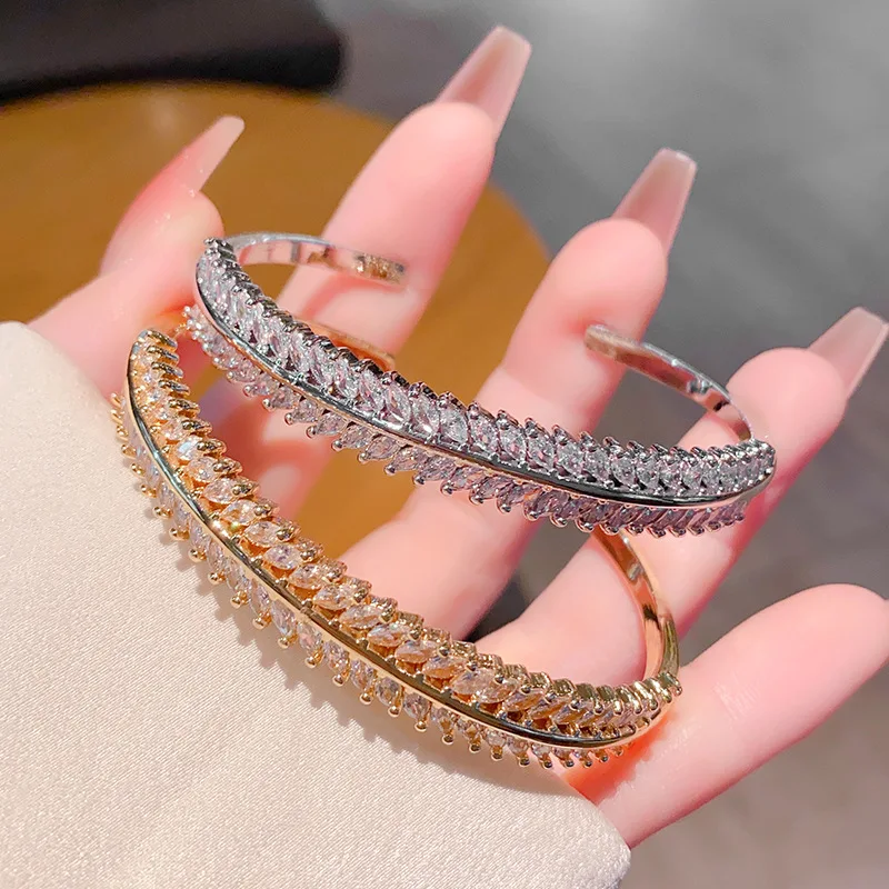 

New Design Full Crystal Leaf Open Bangles for Women Wedding Bridal Bridesmaid Zircon Plant Cuff Bracelet Fashion Jewelry 1714