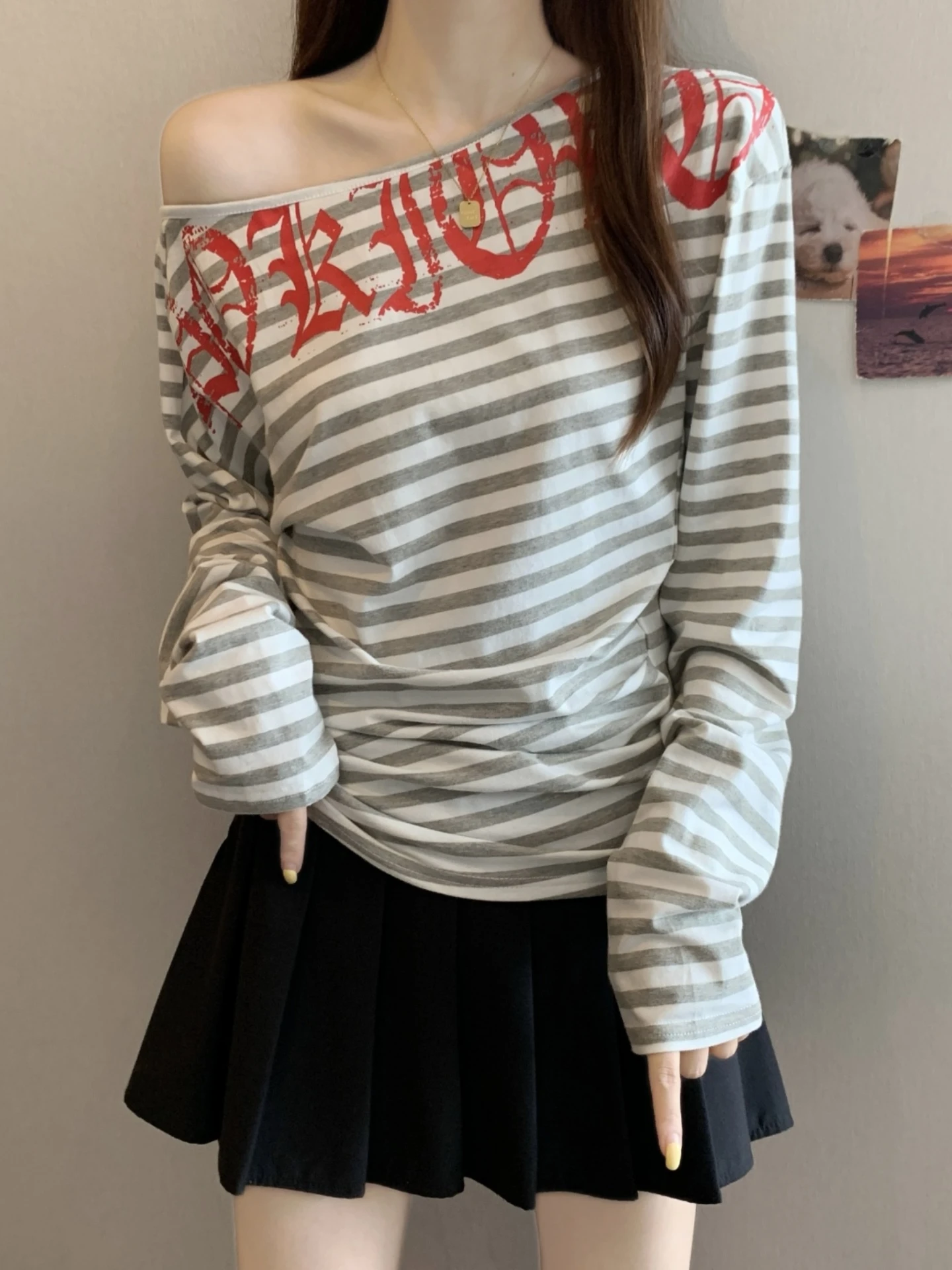 

Long Sve Letter Print Striped T-irt Women's Spring Autumn ort Base Layer Top plus Size Faionable Design Korean Sle