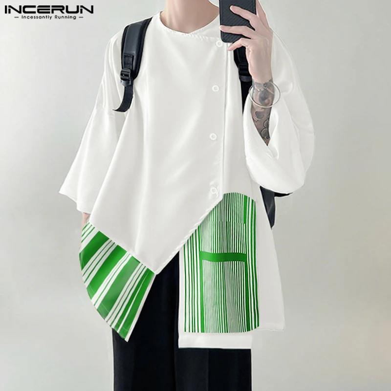 INCERUN Męska Koszula Nieregularna w Paski z Naszywkami, Rękaw 3/4, Luźna Odzież Męska, Styl Koreański, Moda Streetwear, Casualowe Koszule Męskie