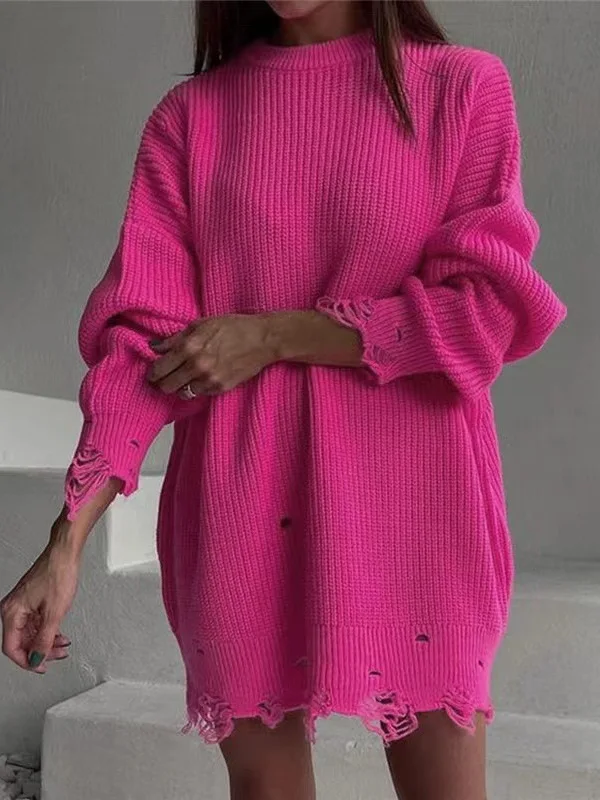 

Loose Knitted Long Sve round Ne Sweater Pure Color Bot Hem Tear Hole Design Comfortable Fit Ci Walk Suitable for Me...