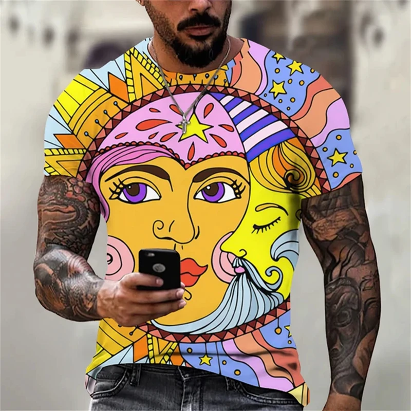 Summer new men's round neck T-shirt, summer sun and moon print short sleeved Harajuku original oversized nostalgic T-shirt