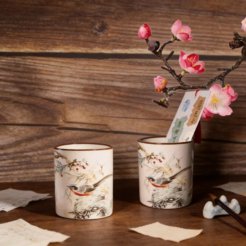 Ceramic Pen Holder Antique Flower Bird Pattern Easy Clean for Storage Pens Makeup Brushes Home Decoration Holiday Gifts