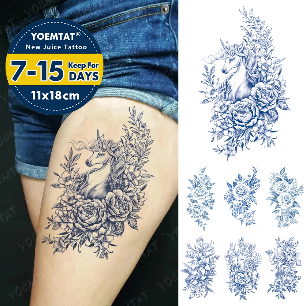 

Semi-Permanent Herbal Waterproof Temporary Tattoo Sticker Line Flower Peony Rose Unicorn Juice Lasting Ink Body Art Fake Tattoos