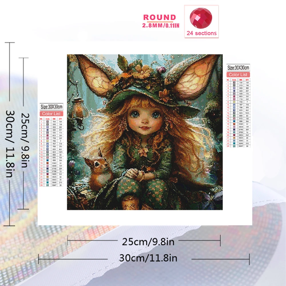 Momoart Full Square Round Diamond Embroidery Elf Girl Portrait DIY Painting Squirrel Craft Diamond Mosaic Cartoon Unique Gift