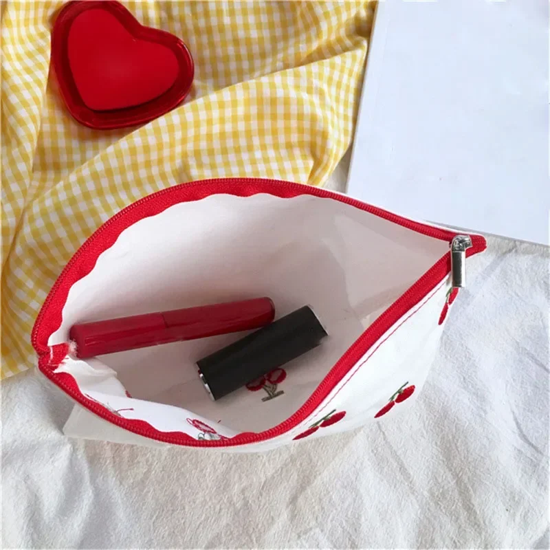 Cotton Cosmetic Bag Portable Cute Cherry Embroidery Women Storage Bags Small Female Travel Zipper Makeup Phone Pouch Case