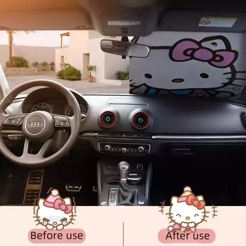 Sanrio-visera de Sol de Hello Kitty, accesorios de personaje de Anime Kuromi My Melody, almohadilla de aislamiento de vidrio frontal para coche, nueva decoración Kawaii