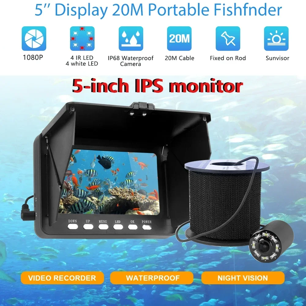 5-inch 1080P IP68 Waterproof Underwater Fishing Camera - 20M Detection Camera for Ice/Sea/River Fishing