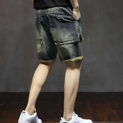 Cargo Straight Male Denim Shorts Bermuda Ripped Men's Short Jeans Pants Stretchable Wih Zipper Luxury Buttons Wide Summer New In