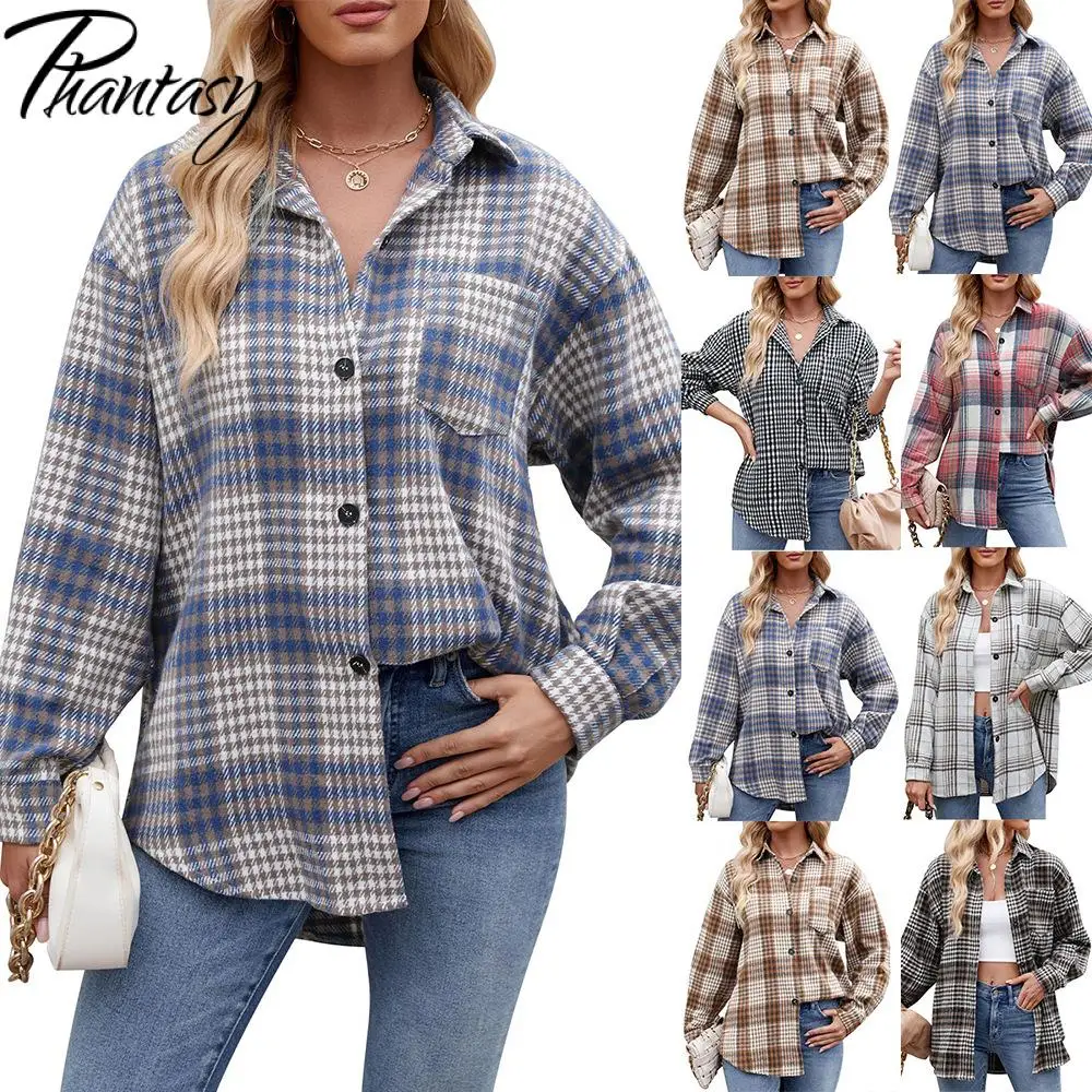 

Phantasy Loose Vintage Plaid Shirt Jacket Single Breasted Harajuku Outerwear Long Sleeve Tops Streetwear Design Women's Clothing