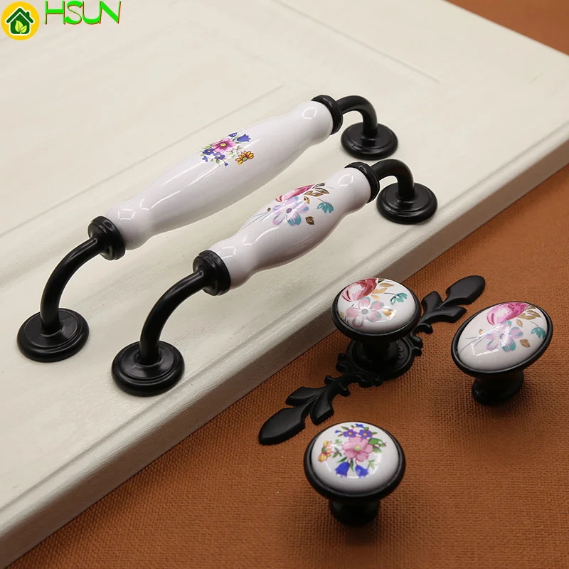 

2 pcs European style black zinc alloy ceramic handle modern orchid single hole garden European style cabinet door handle