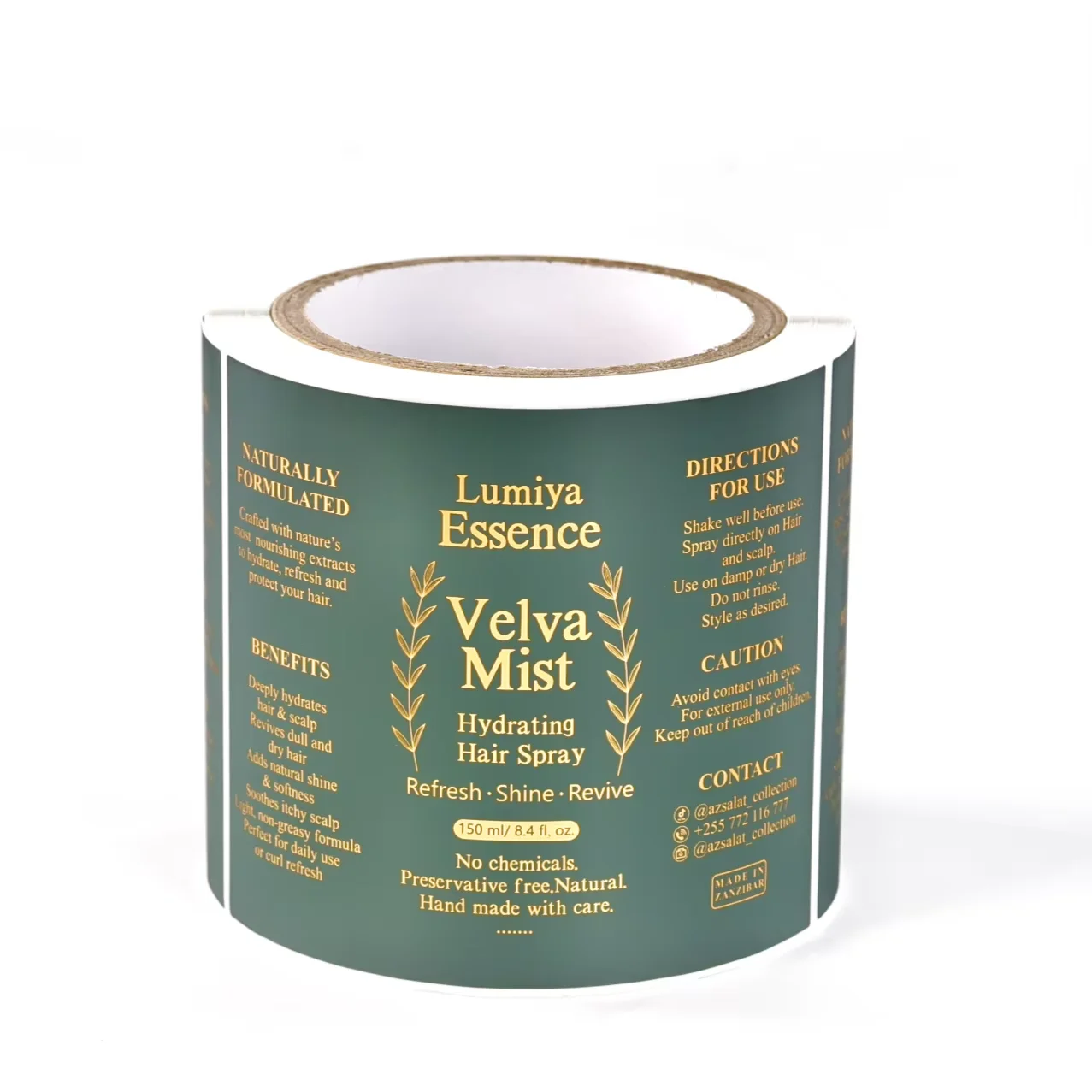 Custom Gold Foil Herbal Hair Oil Labels｜Matte Green｜Self-Adhesive Bottle Stickers