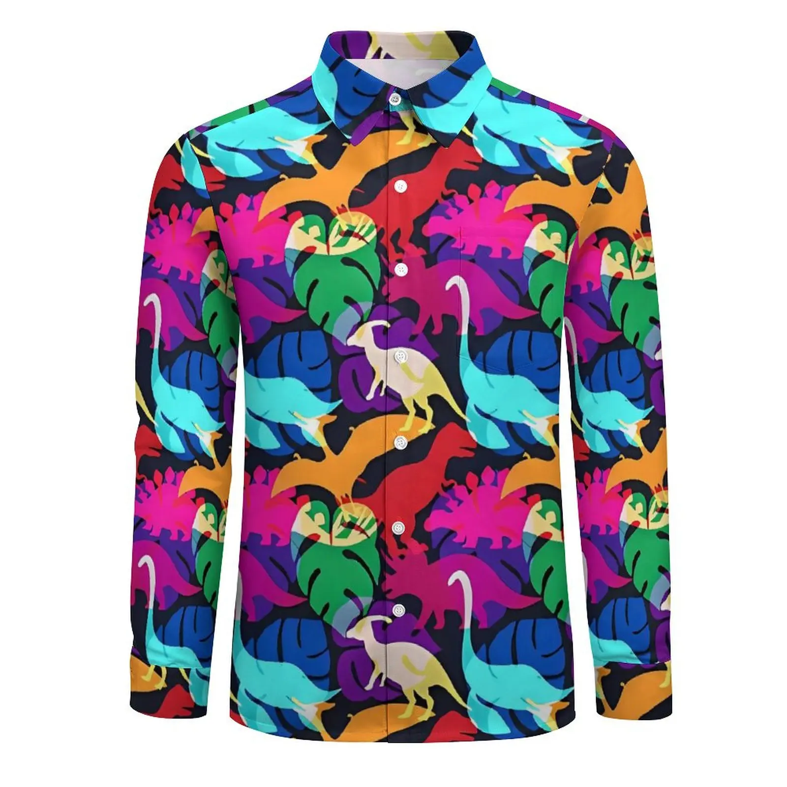 Colorful Dinosaurs Blouse Men PalmPrint Shirt Long Sleeve Vintage Harajuku Casual Shirts Spring Printed Tops Plus Size 3XL 4XL