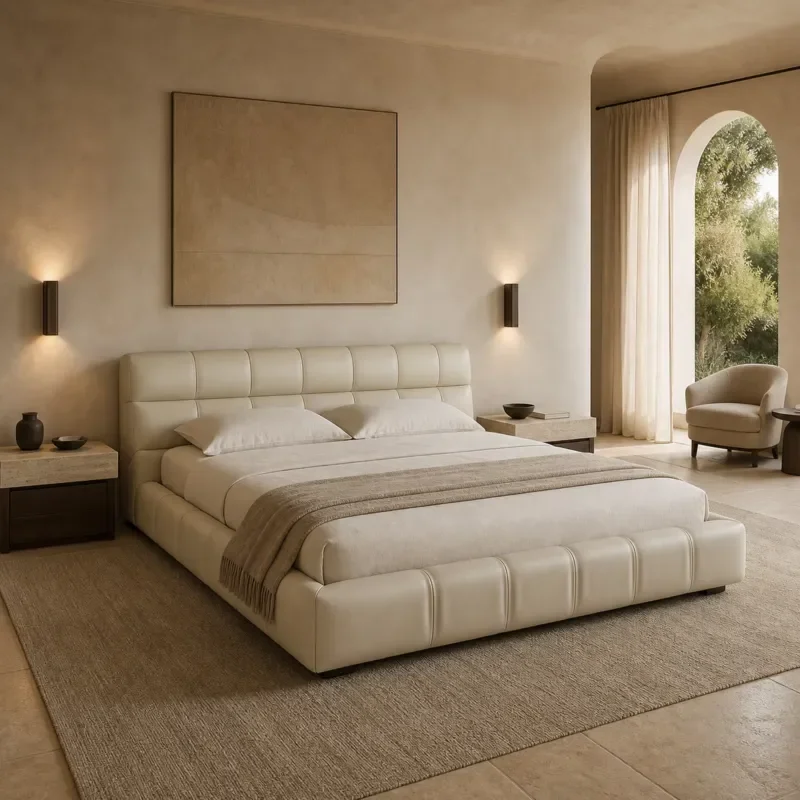 Modern Italian Luxury Soft Bed Square Channel Tufted Leather Upholstered Fully Wrapped Low Profile King Size Double Bed Frame