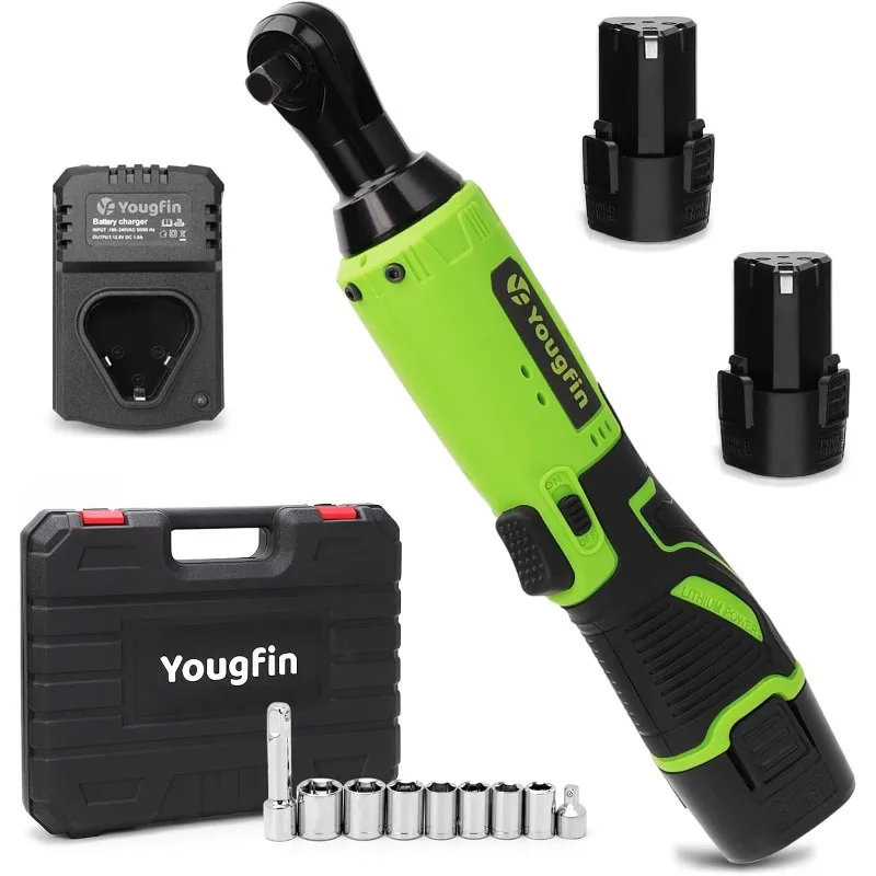 

Yougfin Cordless Electric Ratchet Wrench 3/8", Battery Powered Socket Wrench 40 FT-LBS, Brushless Power Ratchet with 2 Batteries