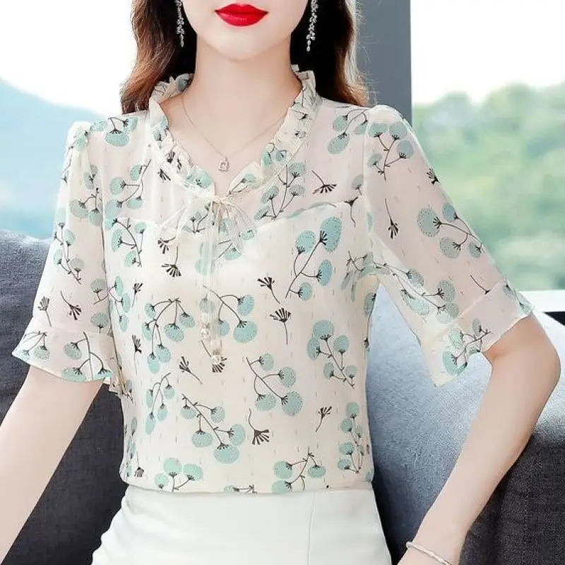 Women Summer Fashion Elegant Loose Printing O-neck Short Sleeve Chiffon Shirts Women Clothes Casual All-match Appear Thin Tops