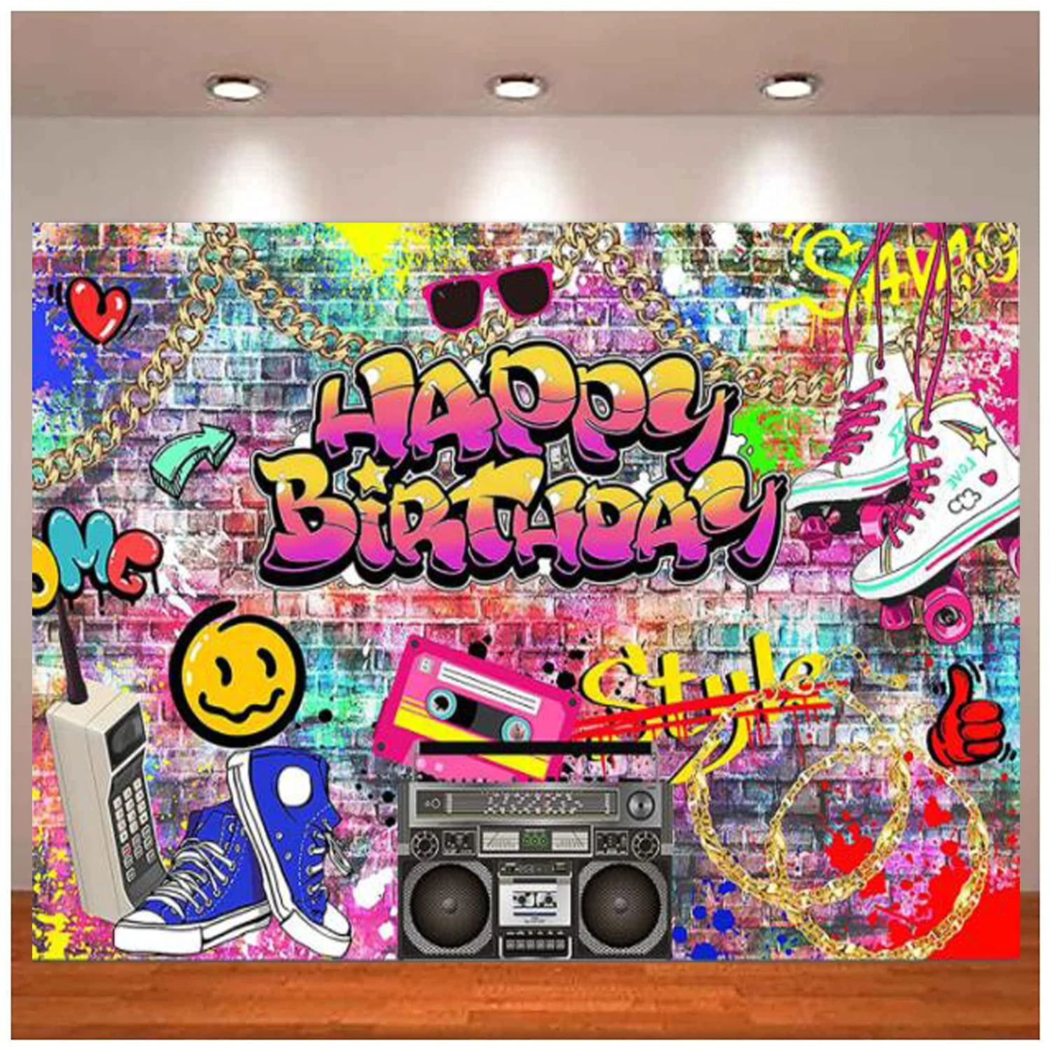 

Graffiti Birthday Backdrop Hip Pop Graffiti Wall Background Retro Radio Gold Chain Back To The 80s 90s Banner Decoration