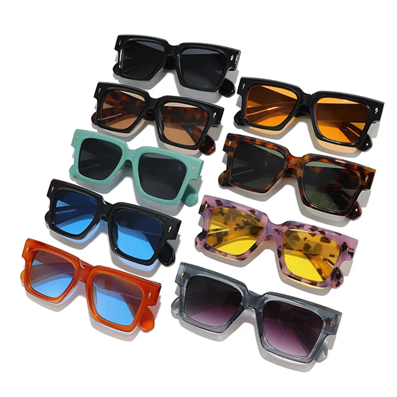 SO&EI Oversized Square Women Luxury Sunglasses Fashion Rivets Decoration Eyewear Shades UV400 Men Yellow Blue Sun Glasses