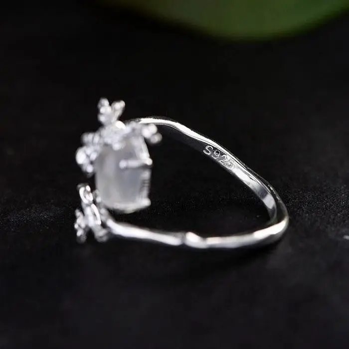 SNew silver original design inlaid moonlight white chalcedony plum opening adjustable women's ring to send a friend gift - Image 5