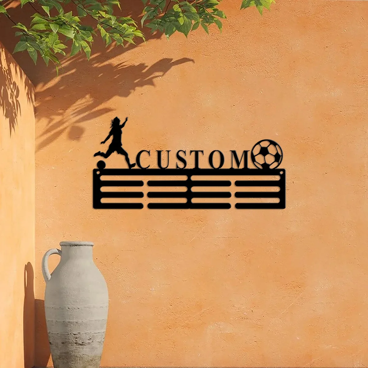 맞춤형 여성 축구 메달 홀더, 맞춤형 축구 소녀 선수 이름 메달 걸이, 메달 및 리본용 12 단계, 축구 상