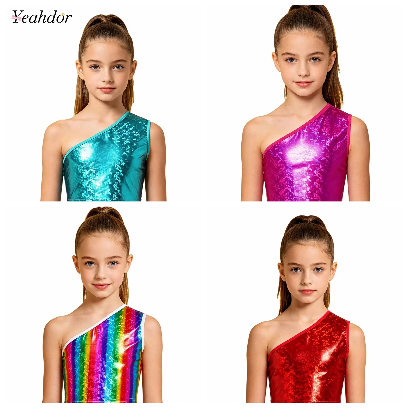 Kids Boys Girls Disco Jazz Dance Tops One-shoulder Metallic Crop Top Sleeveless Shiny Vest for Hip Hop Stage Performance Costume