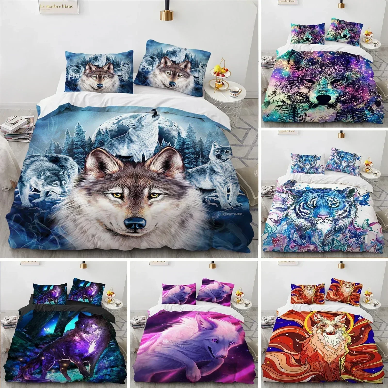 Top 3D Animal Microfiber Wolf Fox Elk Bedding Set Wild Animals Comforter Cover King Queen For Teen Adults Bedroom Decor