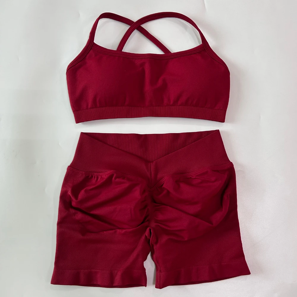 2-teiliges Set für Damenbekleidung, nahtlose Scrunch-Yoga-Shorts, rückenfreier KTP-Sport-BH, Fitness-Workout-Top, Gym-Set-Outfits – Detail 15