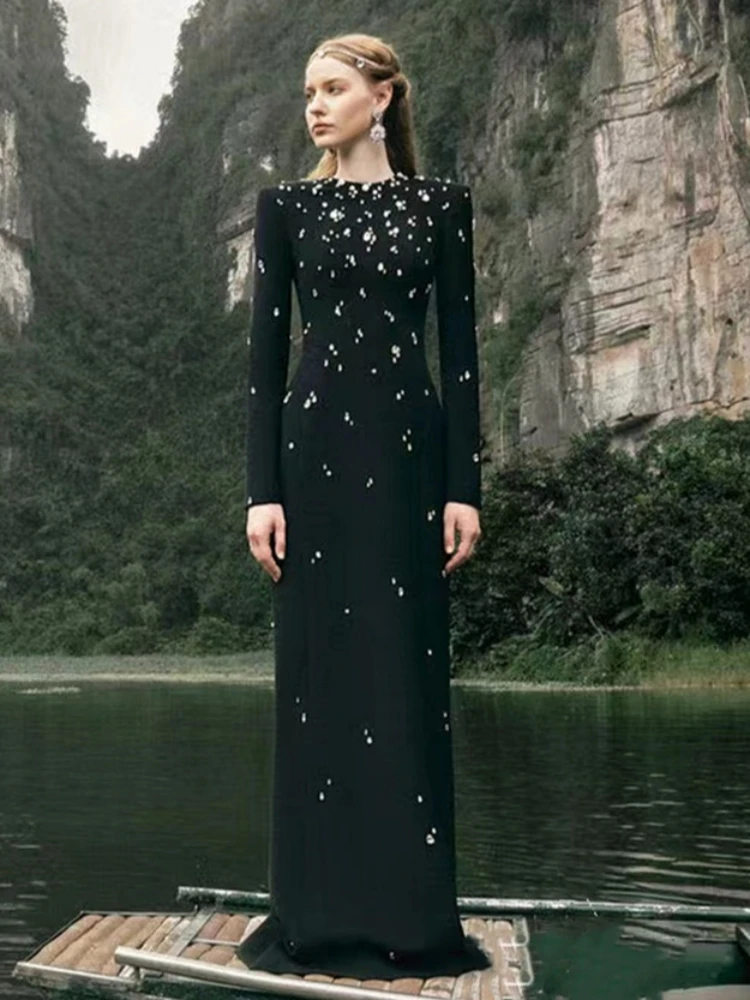 Robe Longue à Manches sulfet Col Rond pour Femme, Tenue de Soirée Sexy avec Diamants, Strass Noirs et Perles