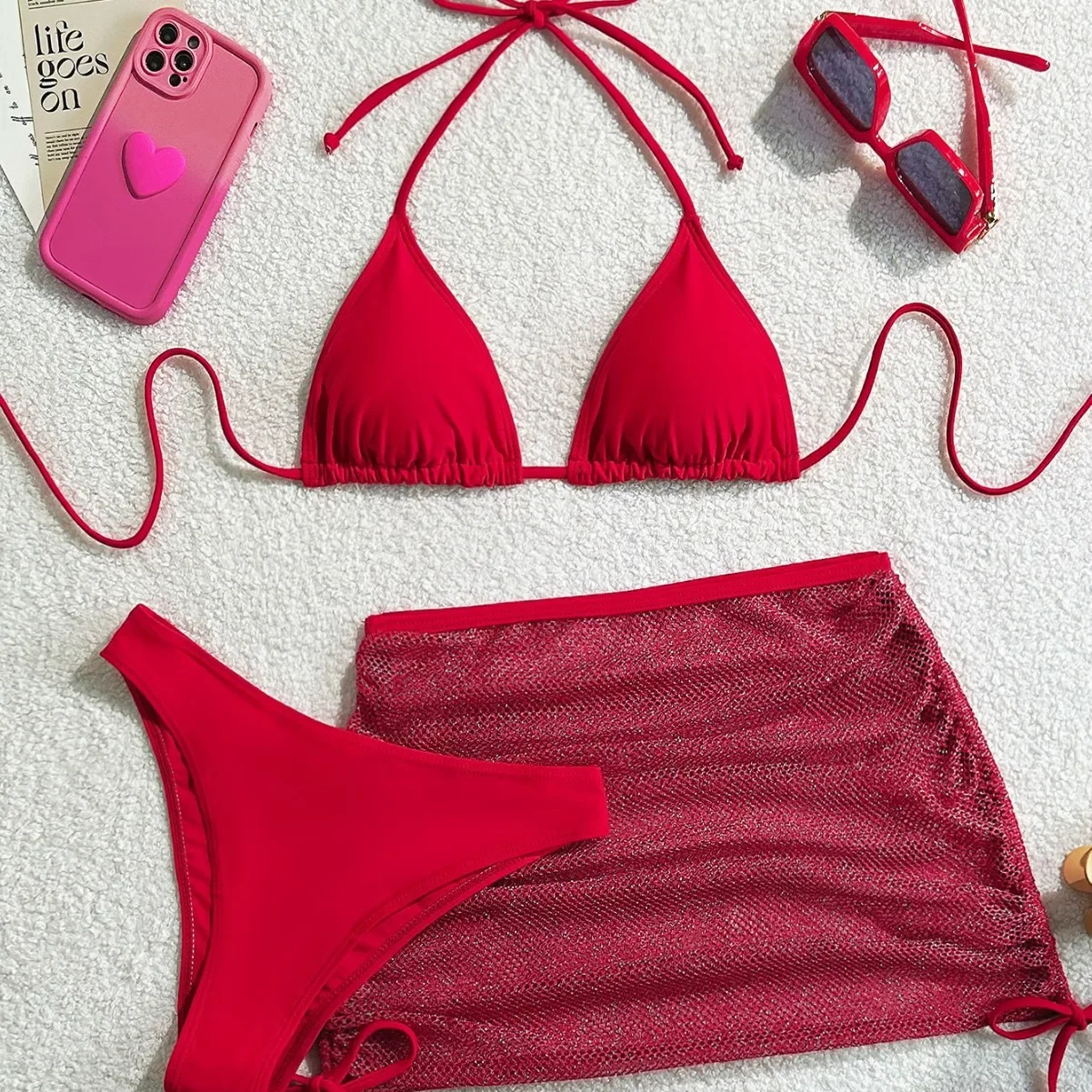 2025 3-teilige Badeanzüge für Damen, einfarbig, Neckholder, Triangel-Bikini, seitlich gebunden, mit Vertuschung, Strandrock, kurzes Minikleid