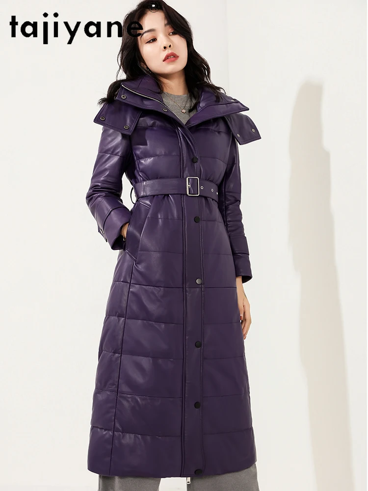 TAJIYANE 100% Prawdziwa Skóra Owcza Płaszcz Puchowy Damski Skórzana Długa Kurtka Puchowa z Kapturem Nowość na Zimę 2025 Odzież Damska