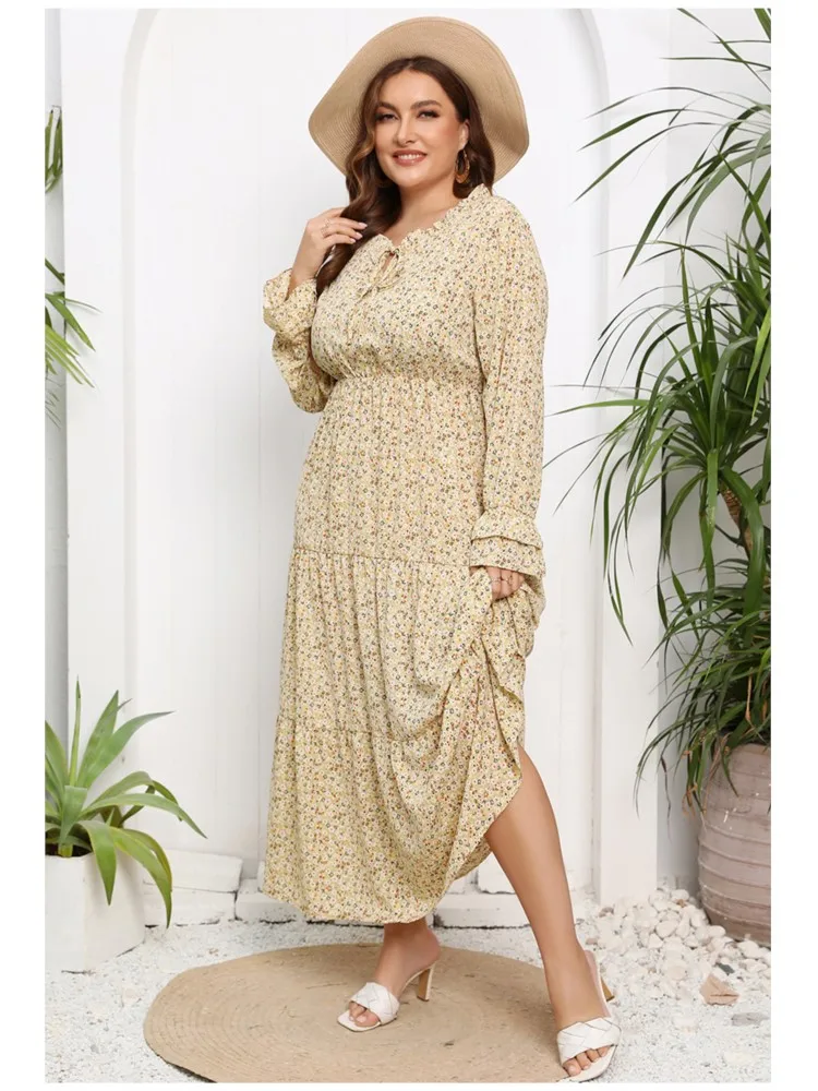 Plus Size Autumn Chiffon Floral Long Dress Women Flower Print Fashion Ruffle Pleated Ladies Dresses Long Sleeve Woman Dress 2023