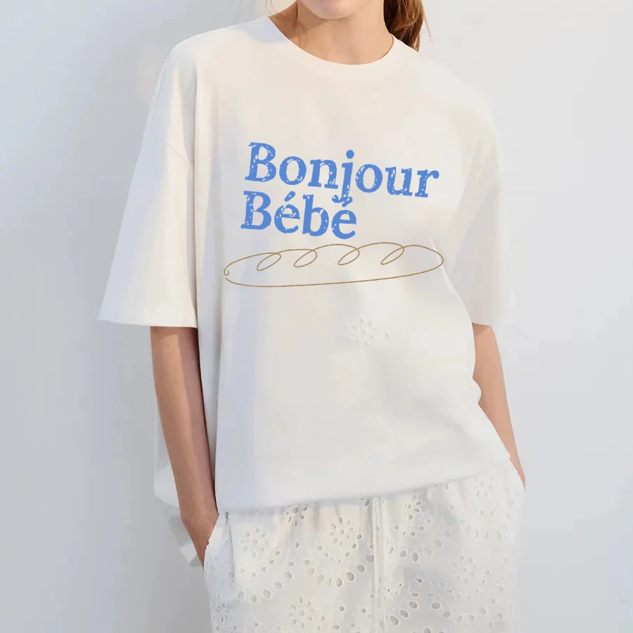 

Retro Funny Cute Foodie Shirt Baguette Printed T-Shirt Loose Short Sleeve Cotton Women's Clothing French Bread Lover T Shirt Y2k